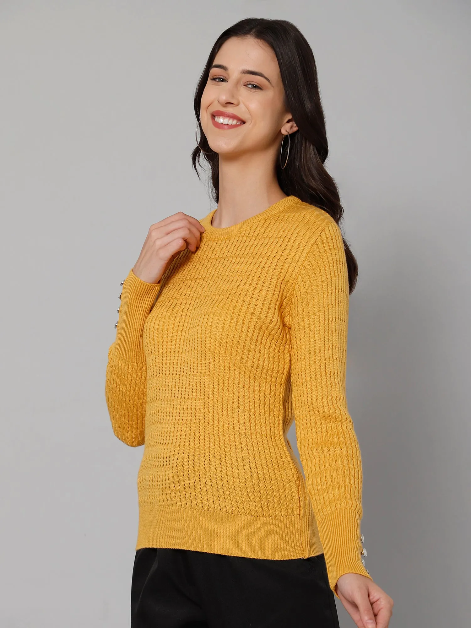 Women's Casual  Mustard Round neck Pullover Sweater