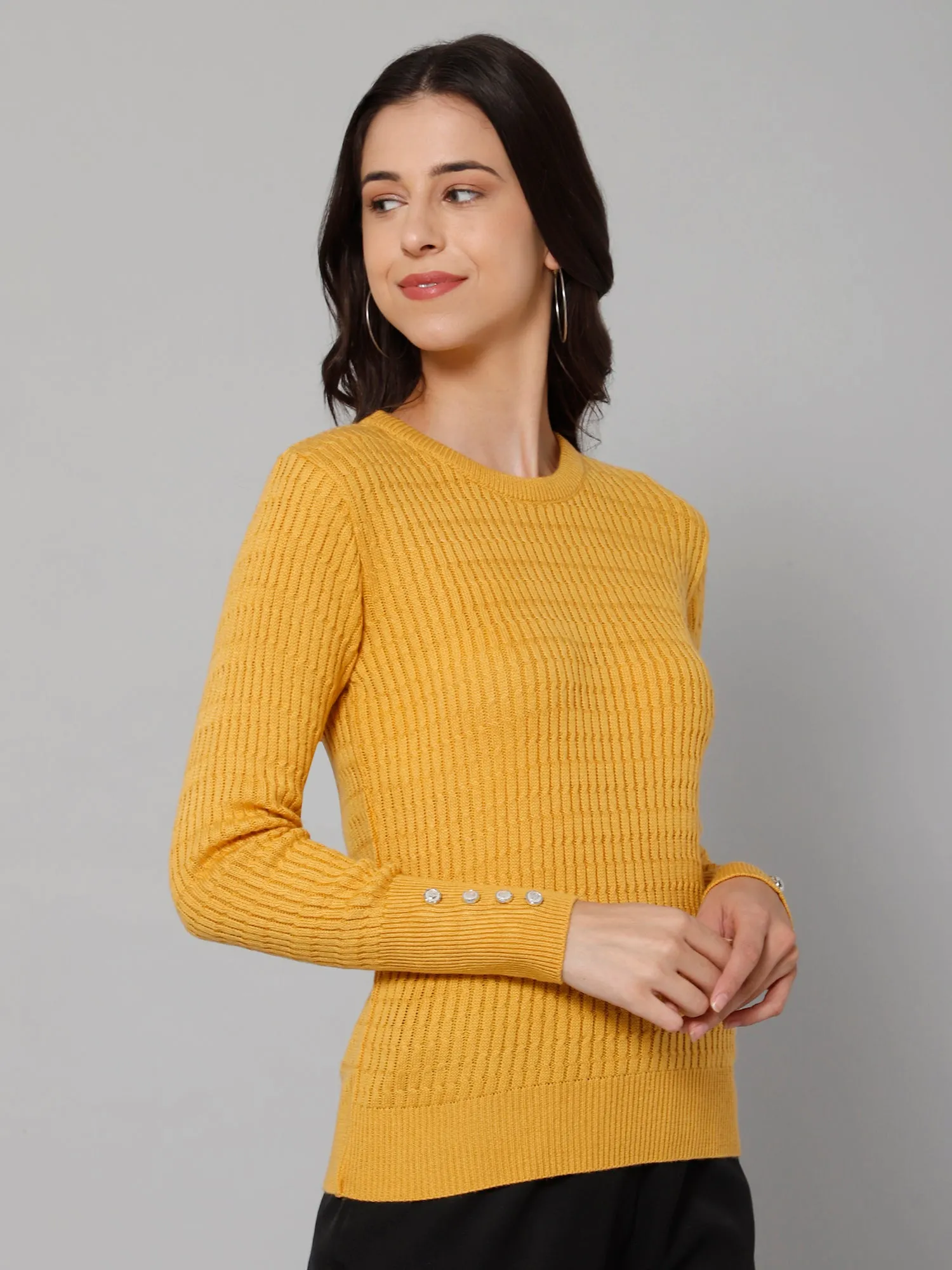 Women's Casual  Mustard Round neck Pullover Sweater