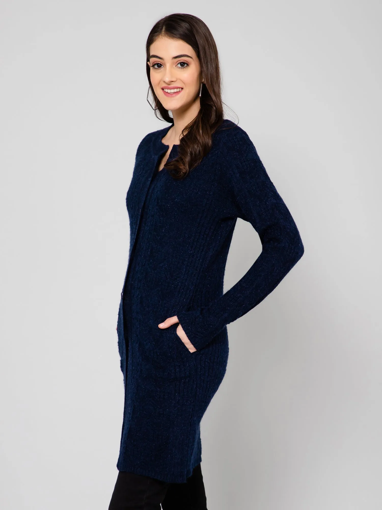 Women's Casual  Navy Blue Round neck Cardigan Sweater