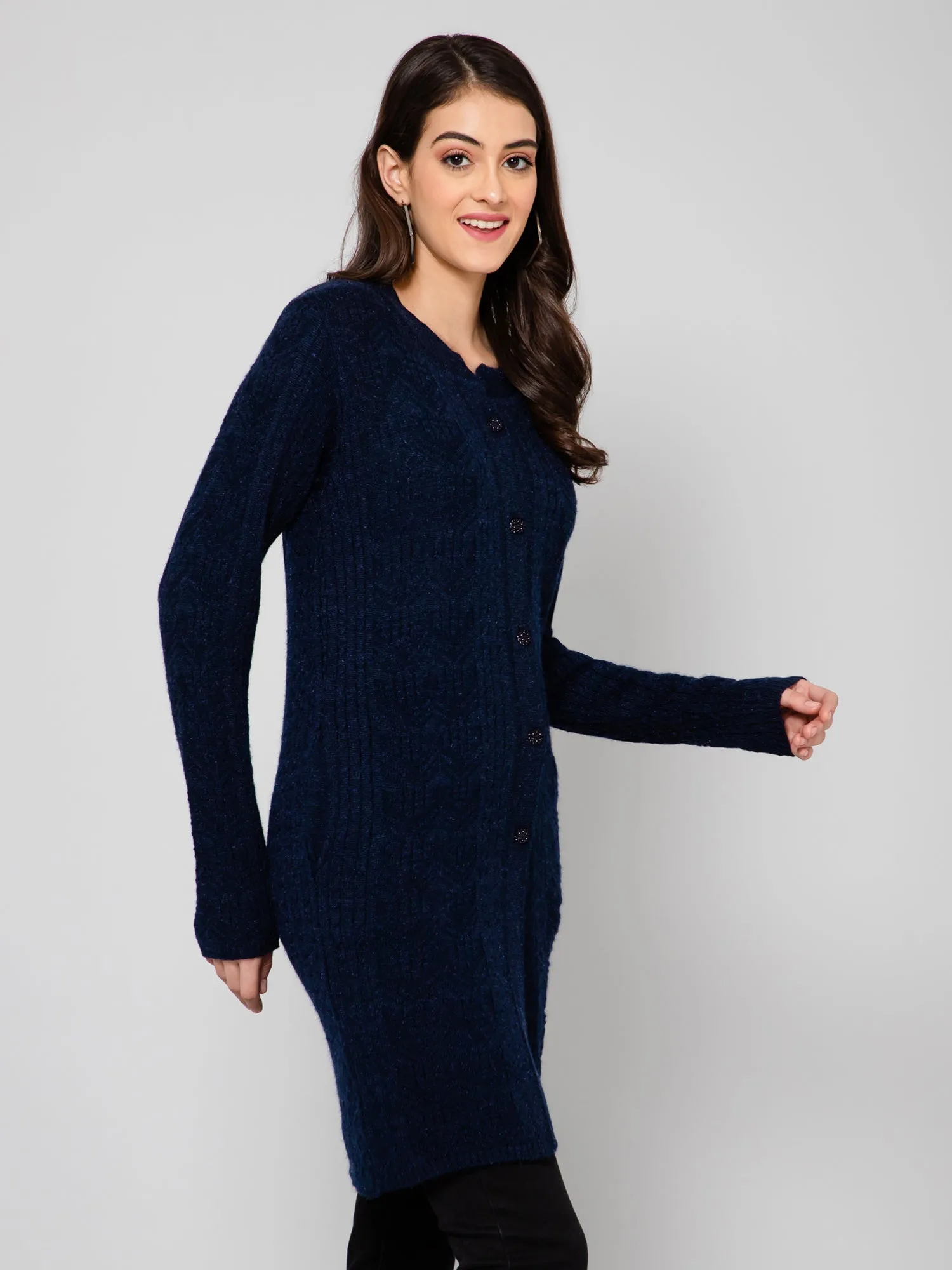 Women's Casual  Navy Blue Round neck Cardigan Sweater