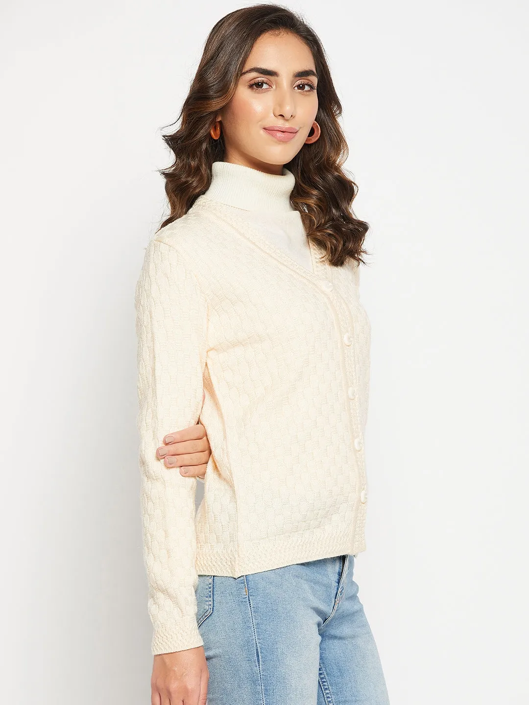 Women's Casual  OffWhite V neck Cardigan Sweater