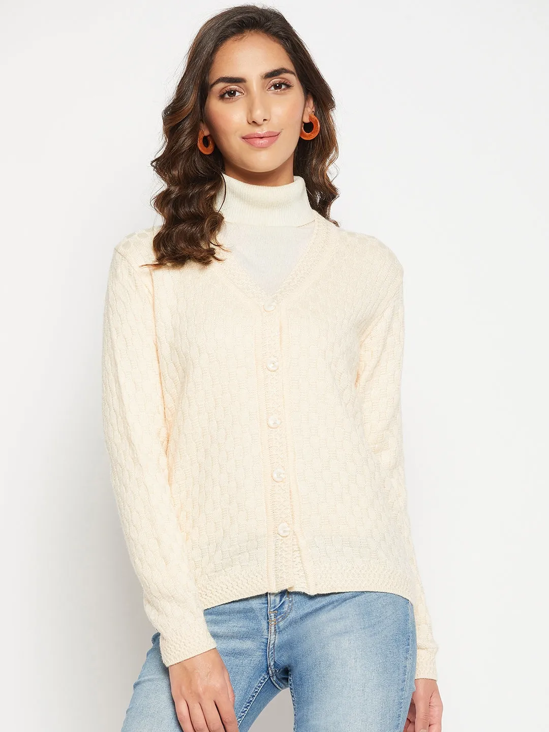 Women's Casual  OffWhite V neck Cardigan Sweater