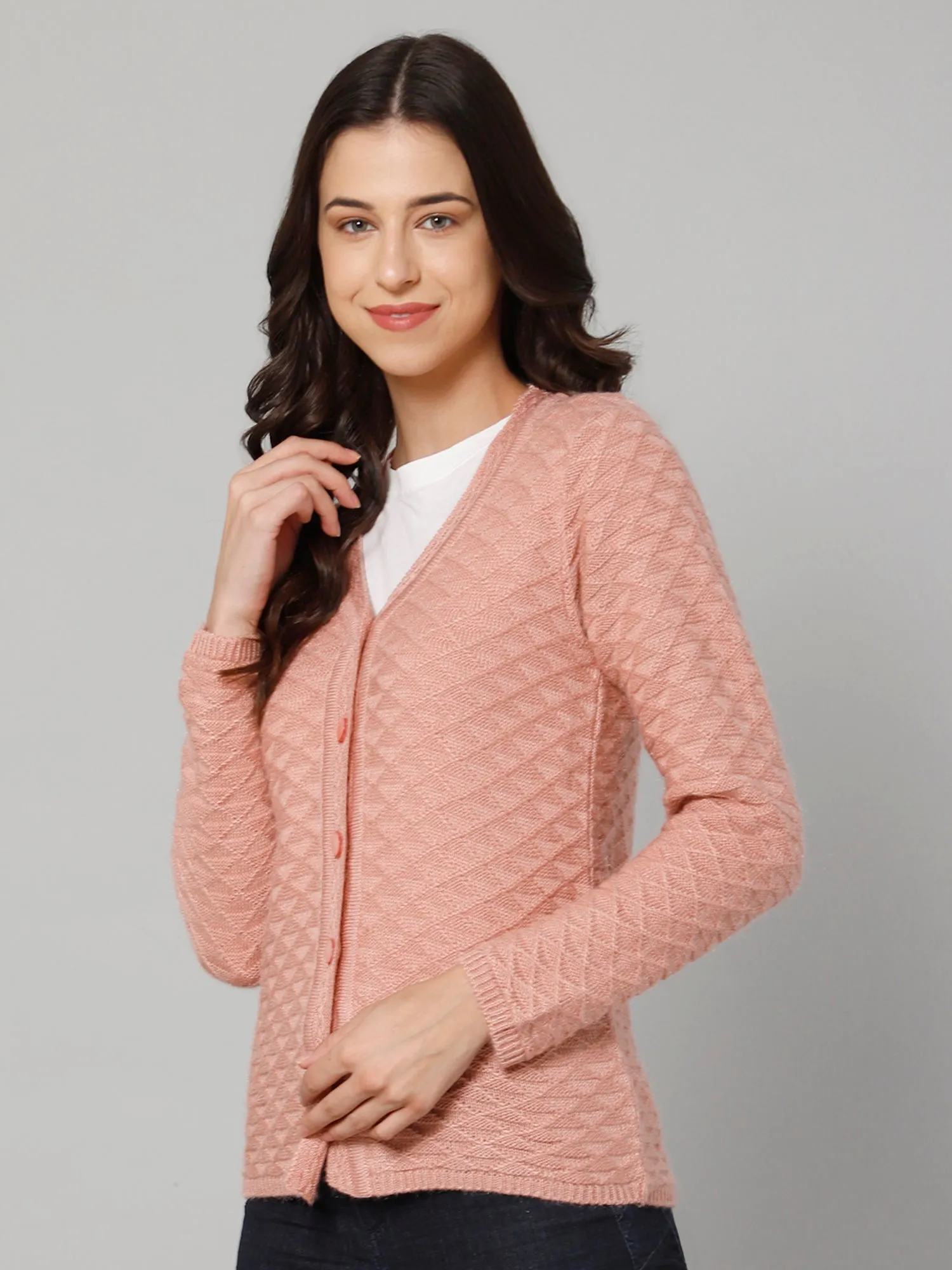 Women's Casual  Pink V neck Cardigan Sweater