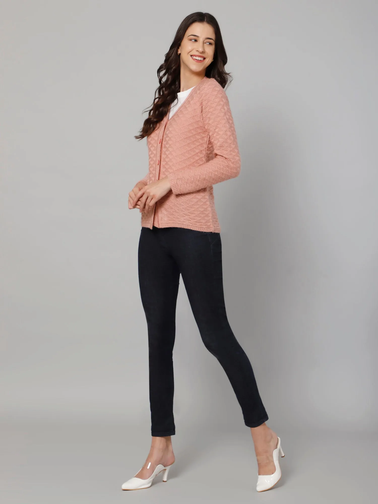 Women's Casual  Pink V neck Cardigan Sweater