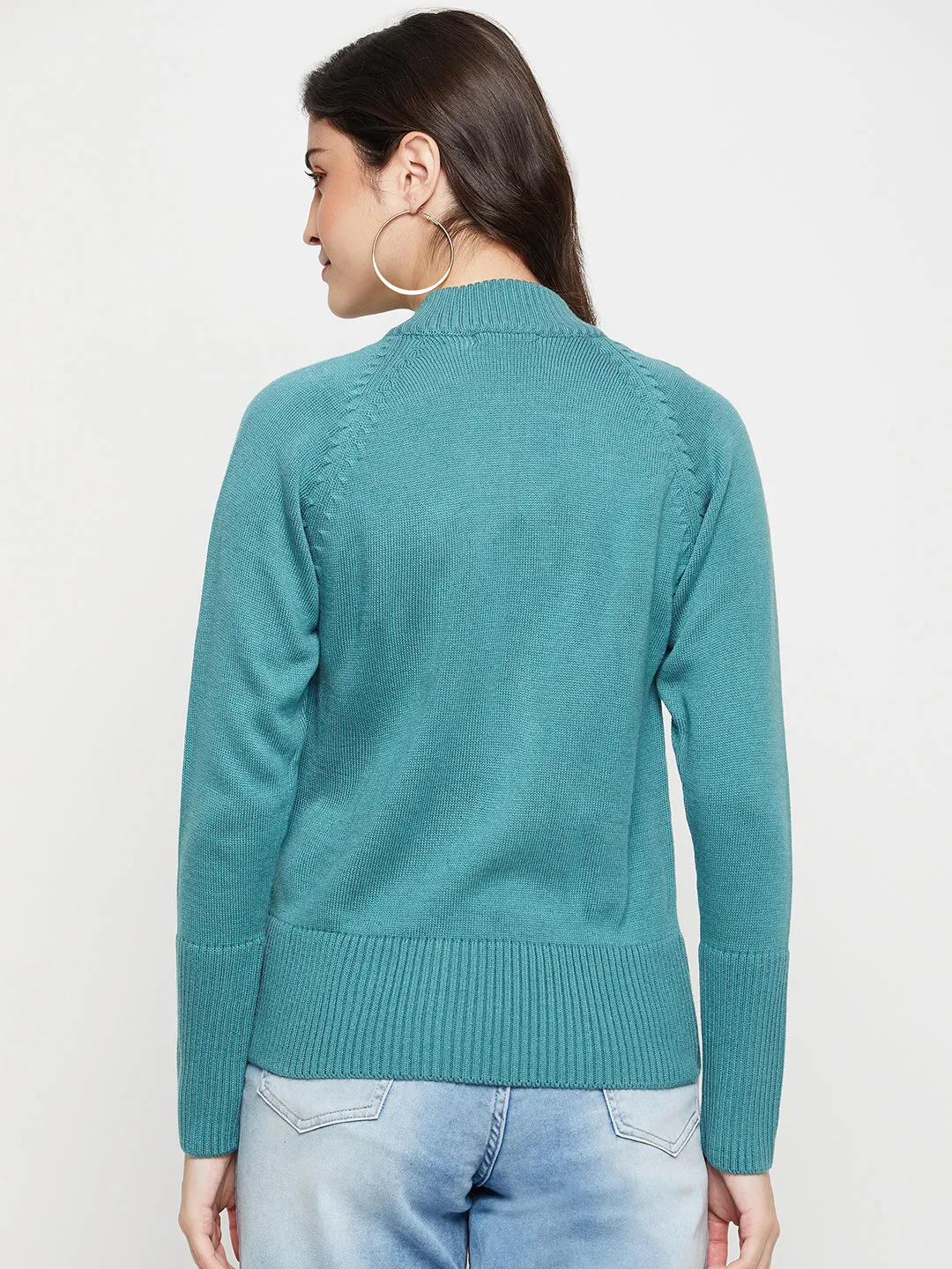 Women's Casual  Teal High neck Zipthru Cardigan Sweater