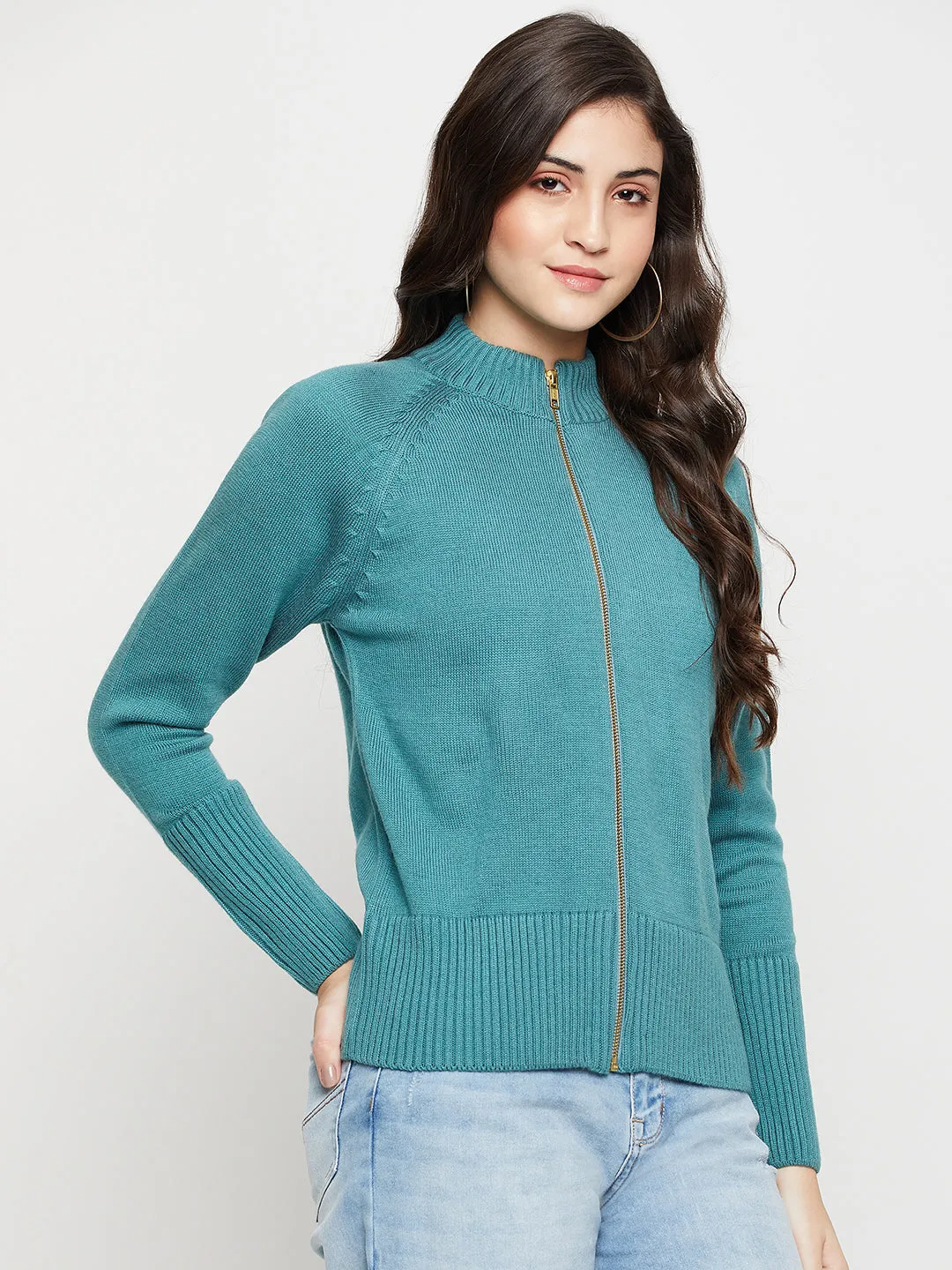 Women's Casual  Teal High neck Zipthru Cardigan Sweater