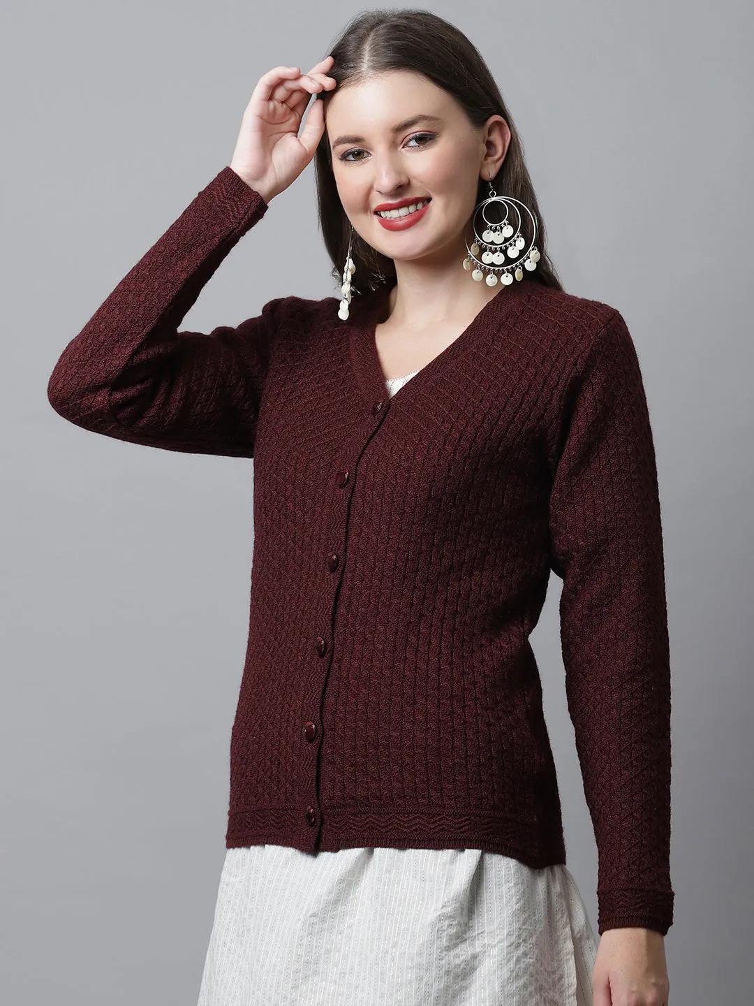 Women's Casual  Wine V neck Cardigan Sweater