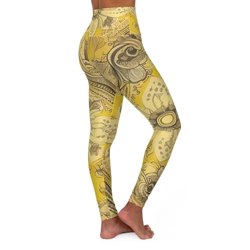 Womens High-waist Fitness Legging Yoga Pants - Floral Yellow Bandanna