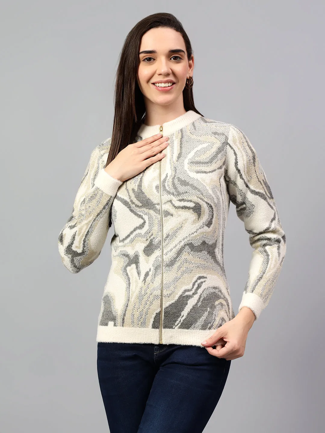 Women's Printed Ivory Full Sleeve Casual Sweater