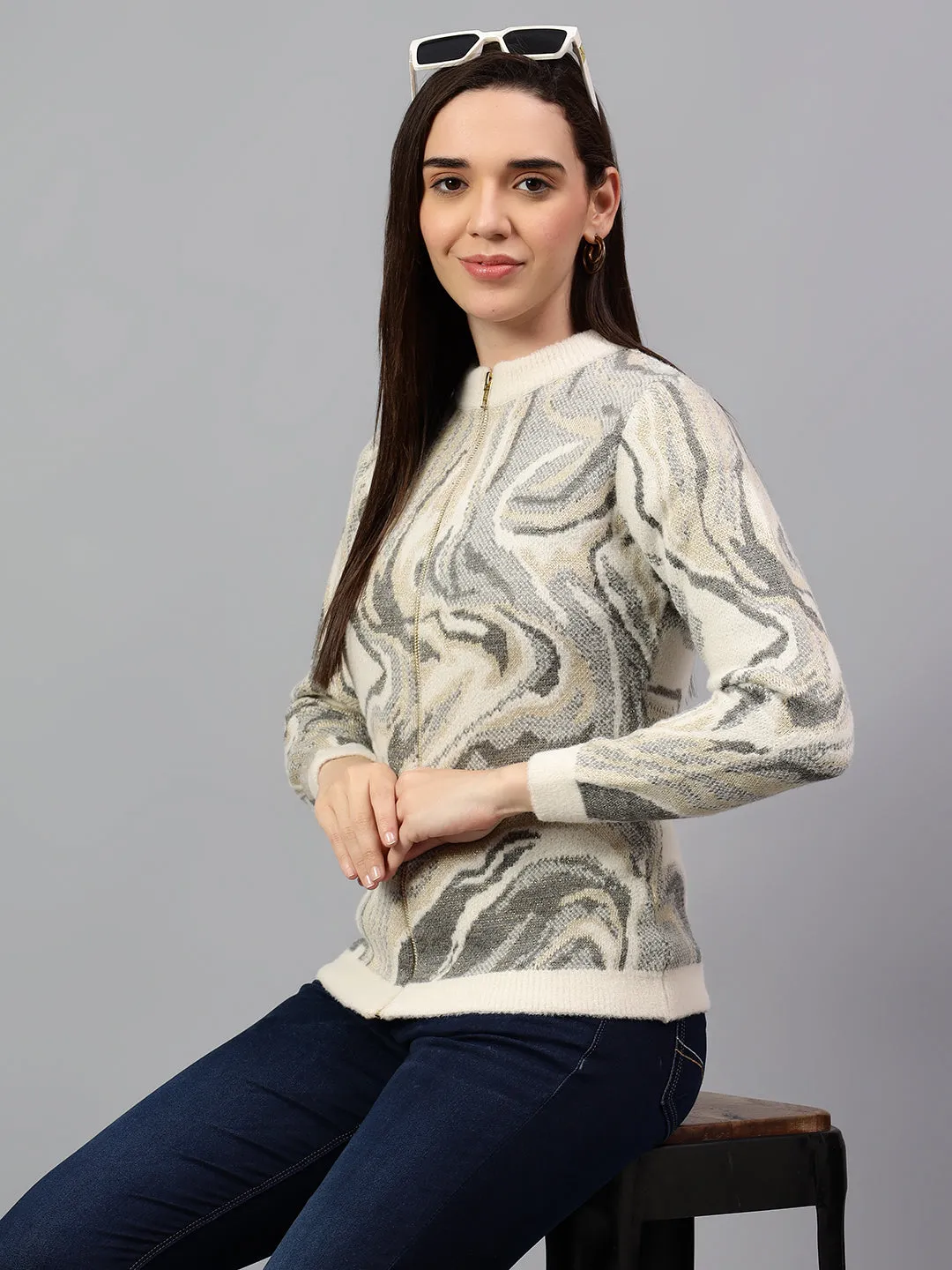 Women's Printed Ivory Full Sleeve Casual Sweater