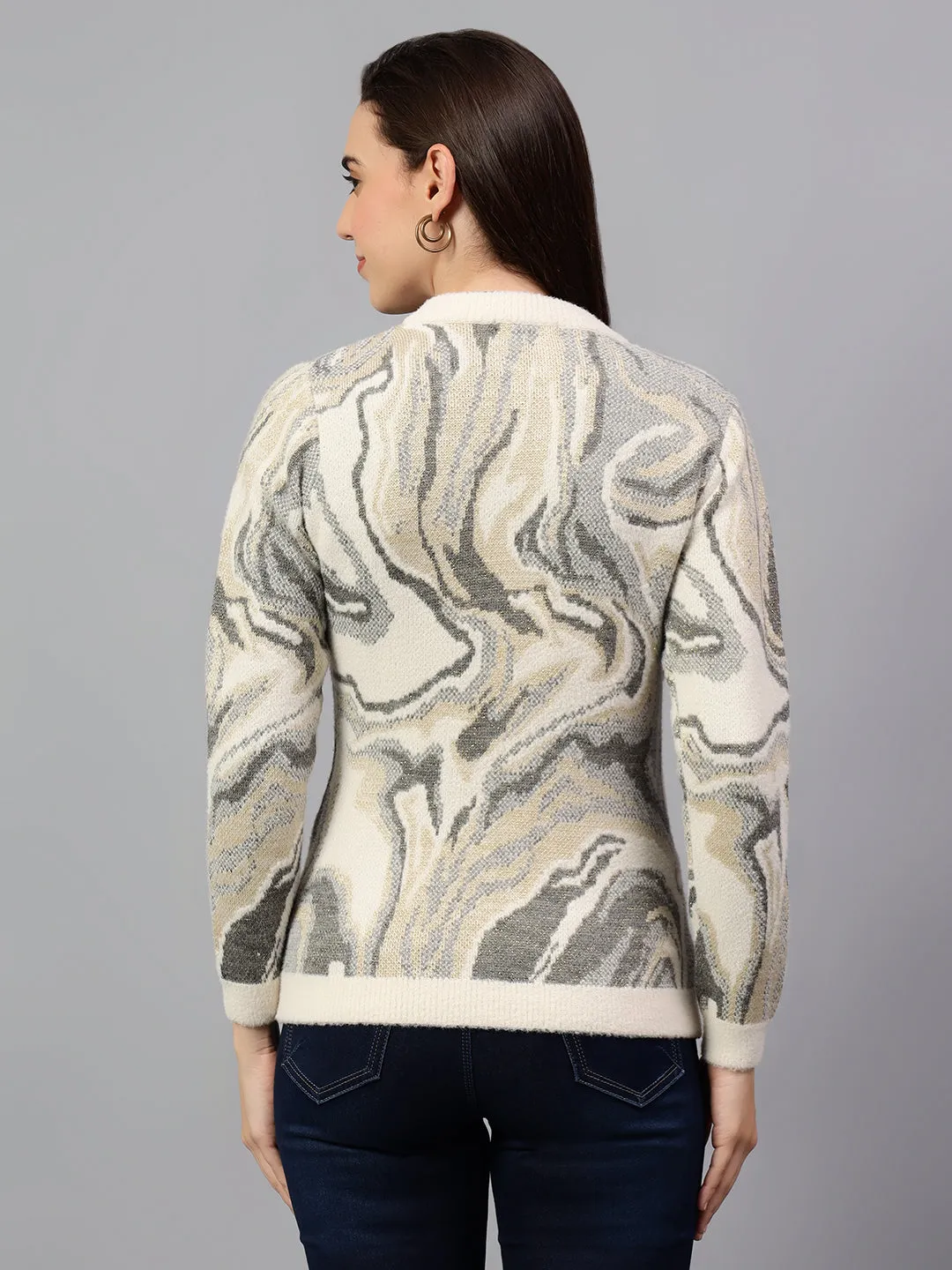 Women's Printed Ivory Full Sleeve Casual Sweater