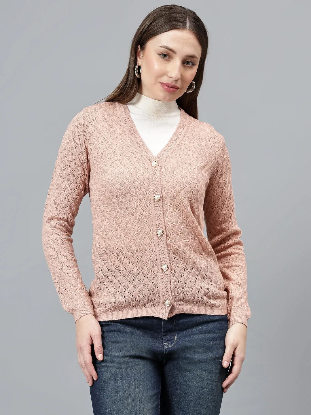 Women's Self Design Dusty Pink Full Sleeves Casual Sweater