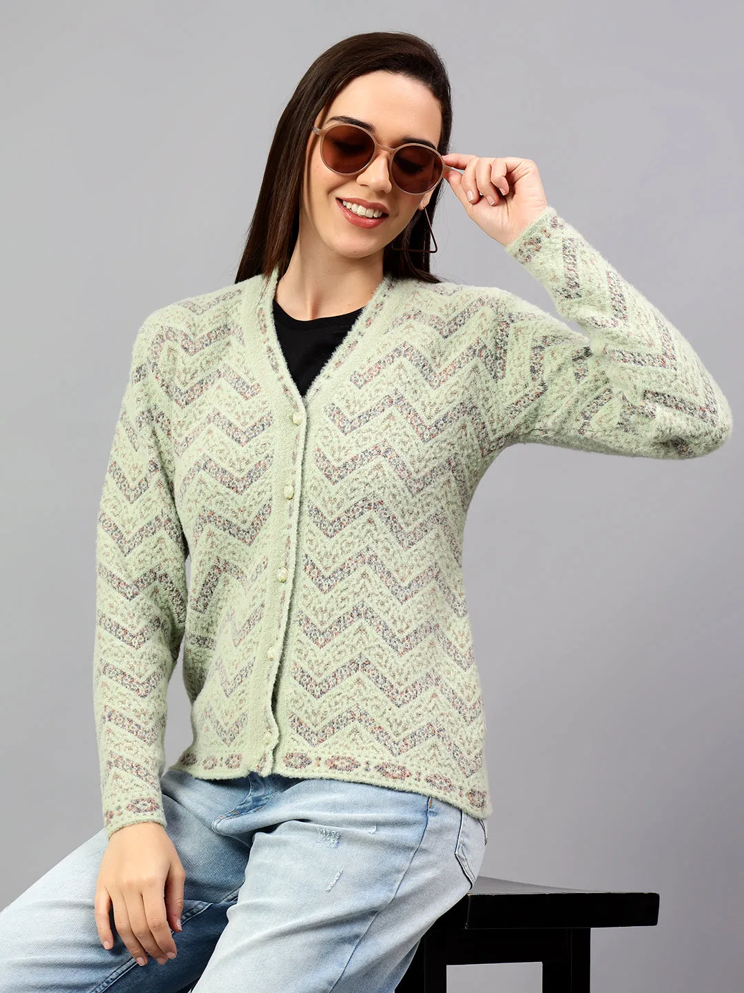 Women's Self Design Green Full Sleeve Cardigan Casual Sweater