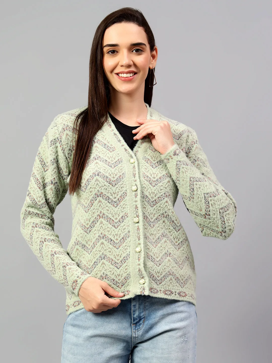 Women's Self Design Green Full Sleeve Cardigan Casual Sweater