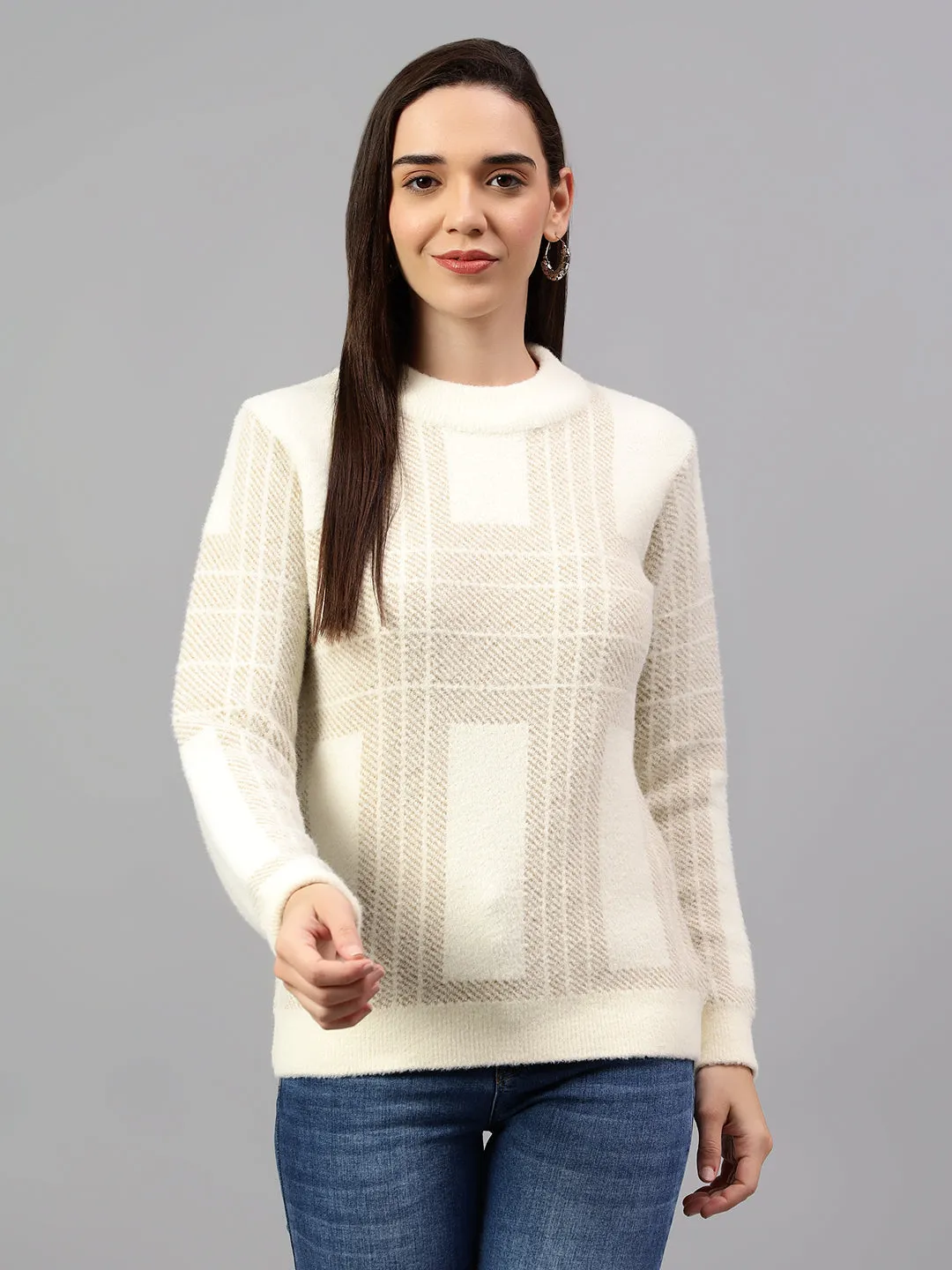 Women's Self Design Ivory Full Sleeve Casual Sweater