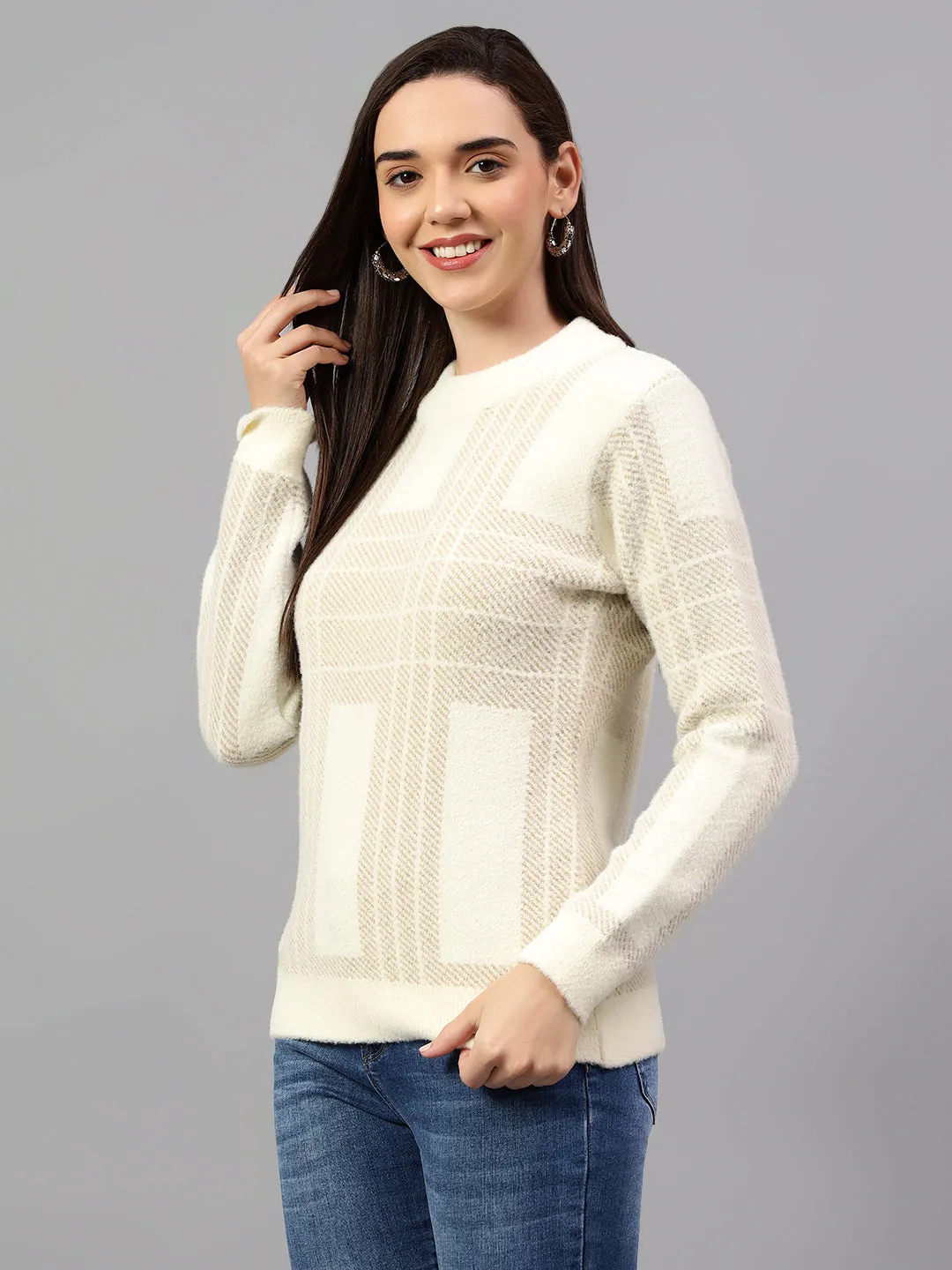 Women's Self Design Ivory Full Sleeve Casual Sweater