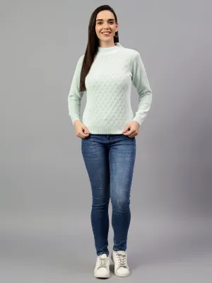 Women's Solid Aqua Full Sleeve Casual Sweater