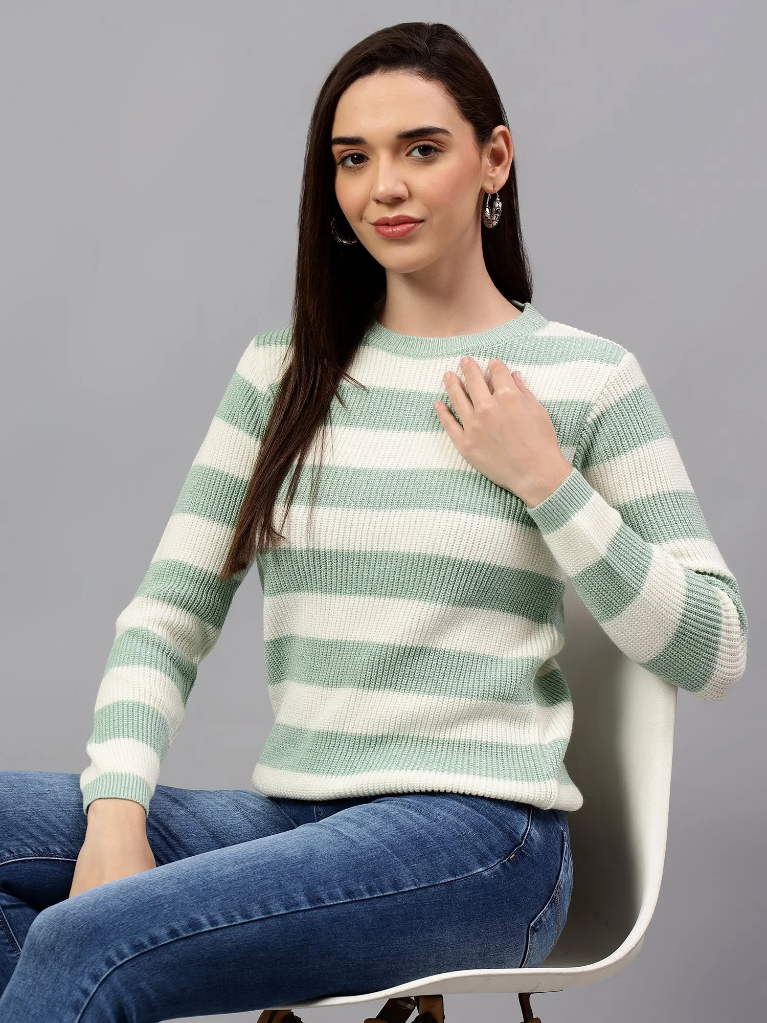 Women's Striped Sea Green Full Sleeve Casual Sweater